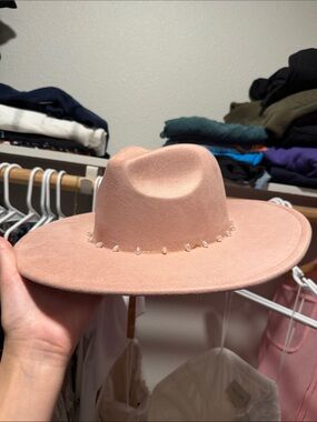 Women’s Pink Wide Brim Felt Hat with Bead Trim